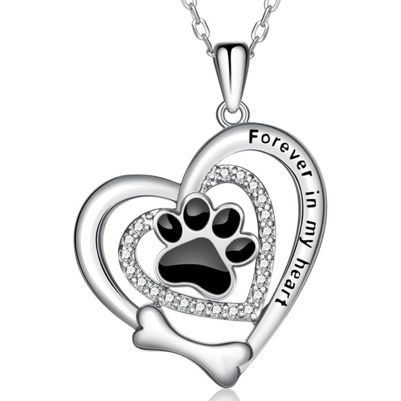 14k Gold Heart Diamond Paw Print Dog Bone Necklace - Picture 6 of 11